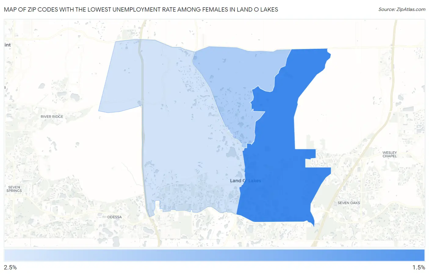 Zip Codes with the Lowest Unemployment Rate Among Females in Land O Lakes Map