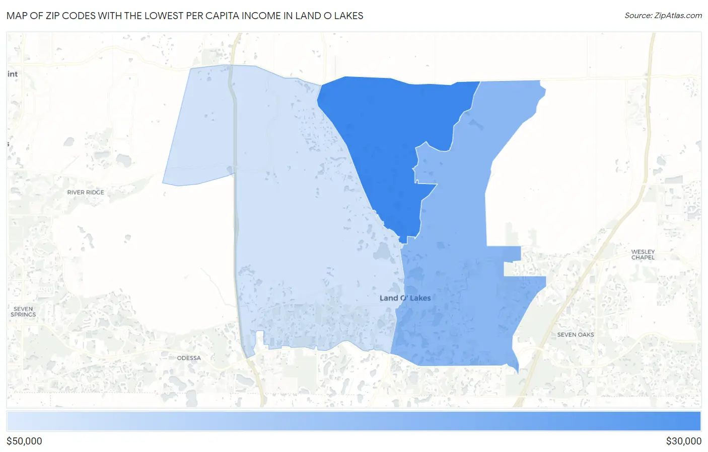 Zip Codes with the Lowest Per Capita Income in Land O Lakes Map