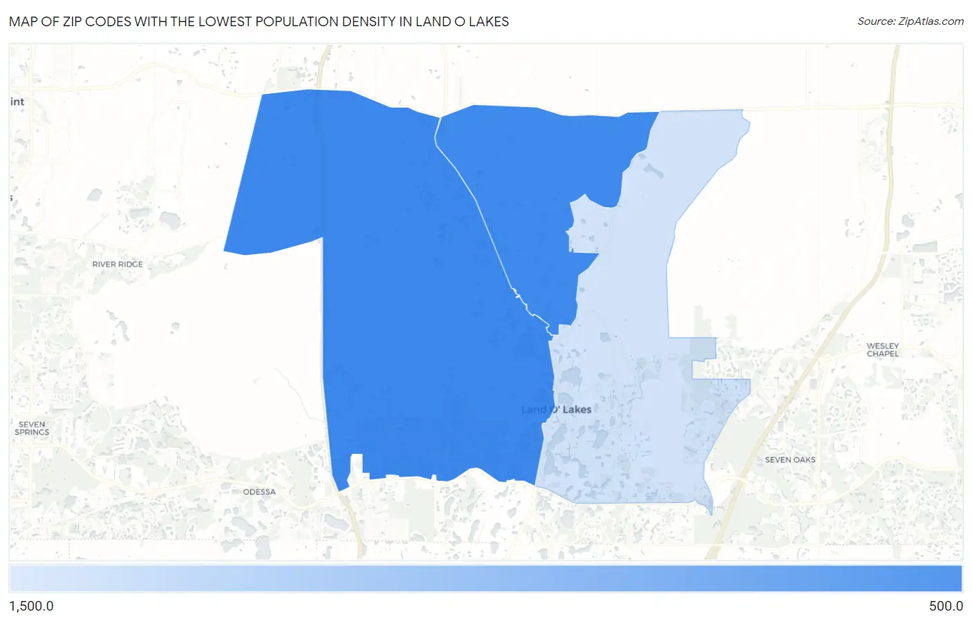 Zip Codes with the Lowest Population Density in Land O Lakes Map