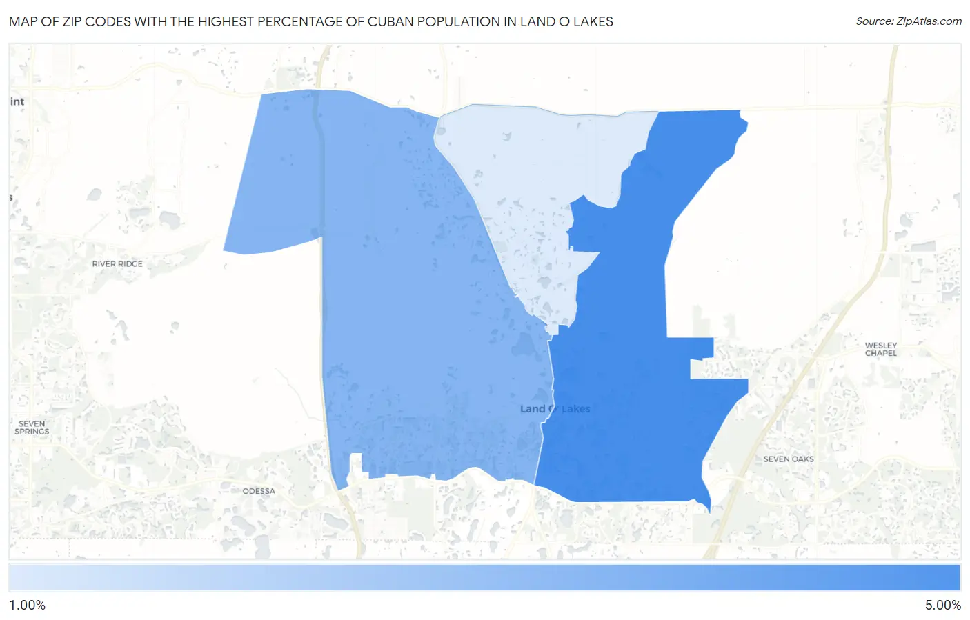 Zip Codes with the Highest Percentage of Cuban Population in Land O Lakes Map