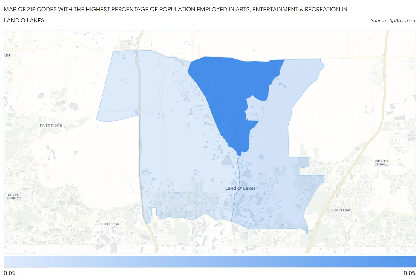 Zip Codes with the Highest Percentage of Population Employed in Arts, Entertainment & Recreation in Land O Lakes Map