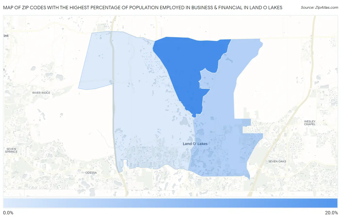 Zip Codes with the Highest Percentage of Population Employed in Business & Financial in Land O Lakes Map