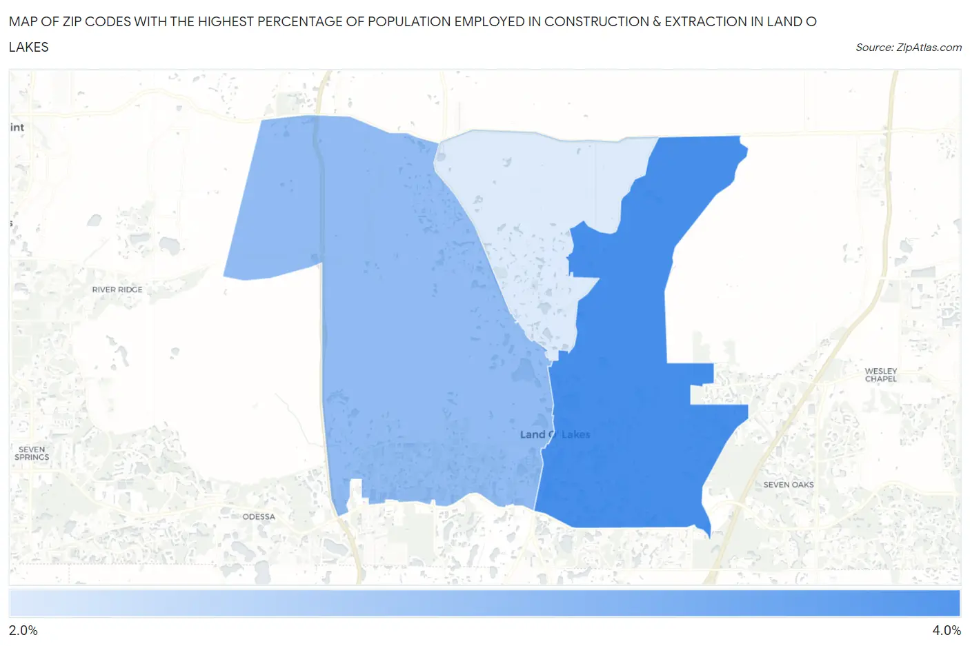 Zip Codes with the Highest Percentage of Population Employed in Construction & Extraction in Land O Lakes Map