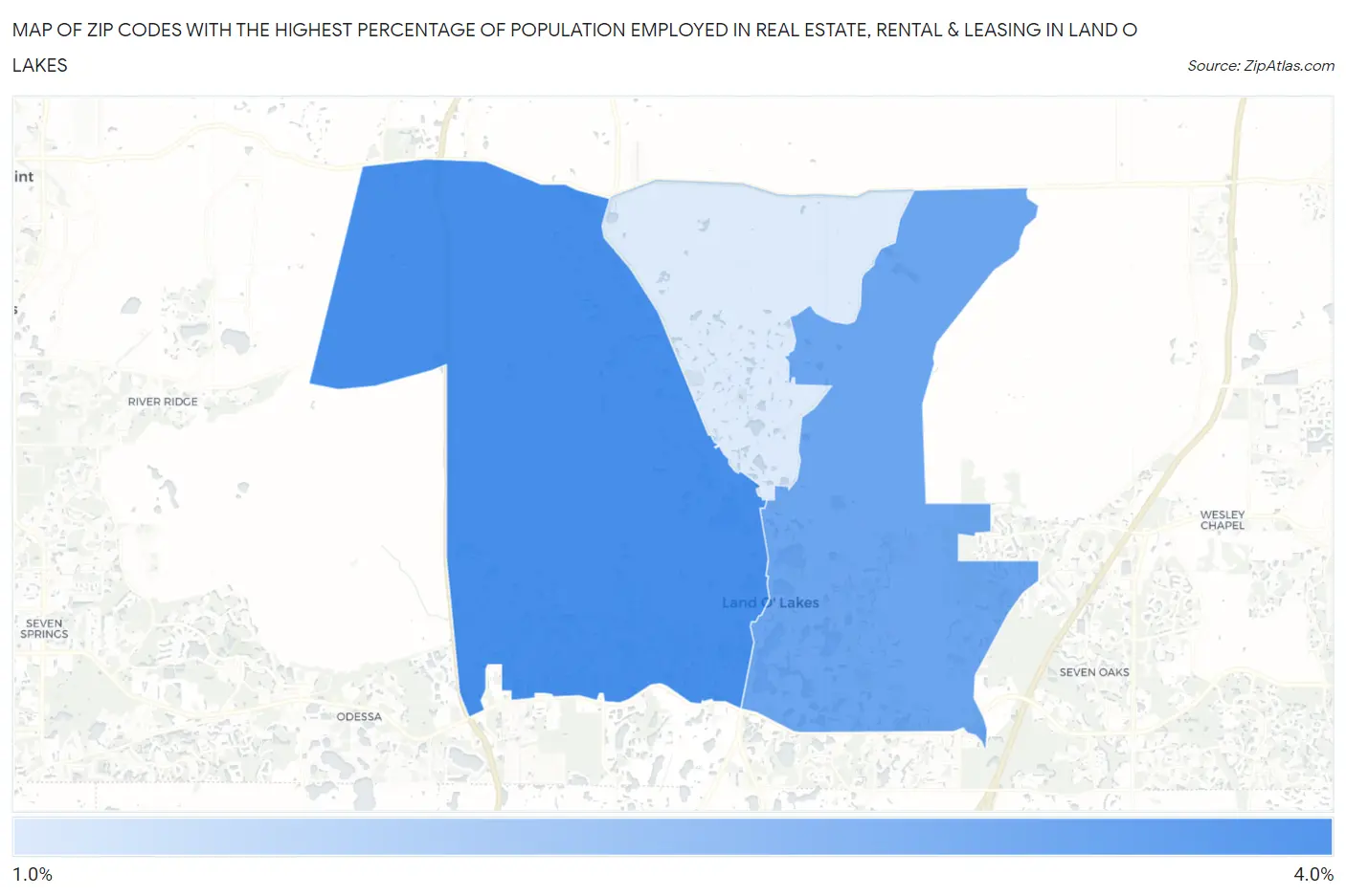 Zip Codes with the Highest Percentage of Population Employed in Real Estate, Rental & Leasing in Land O Lakes Map