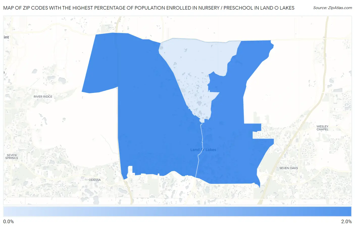 Zip Codes with the Highest Percentage of Population Enrolled in Nursery / Preschool in Land O Lakes Map