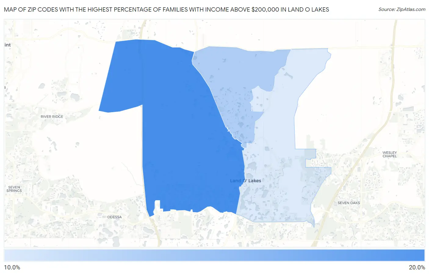Zip Codes with the Highest Percentage of Families with Income Above $200,000 in Land O Lakes Map