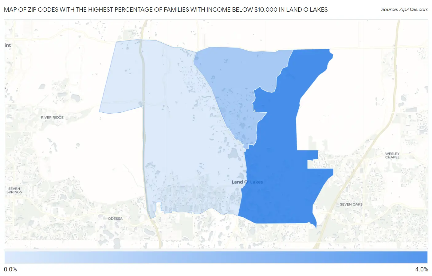 Zip Codes with the Highest Percentage of Families with Income Below $10,000 in Land O Lakes Map