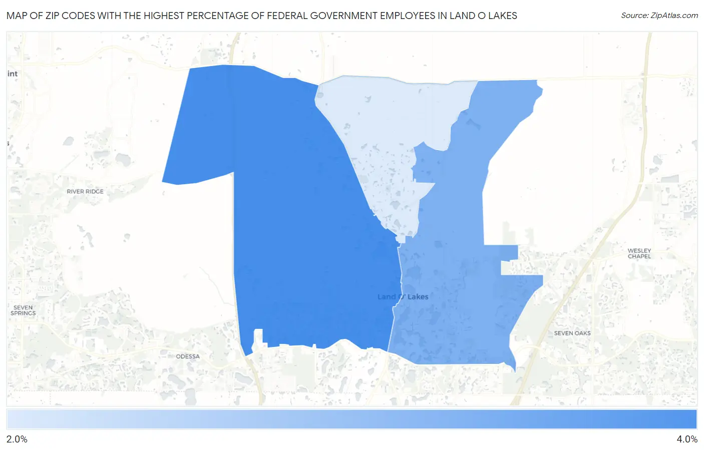 Zip Codes with the Highest Percentage of Federal Government Employees in Land O Lakes Map