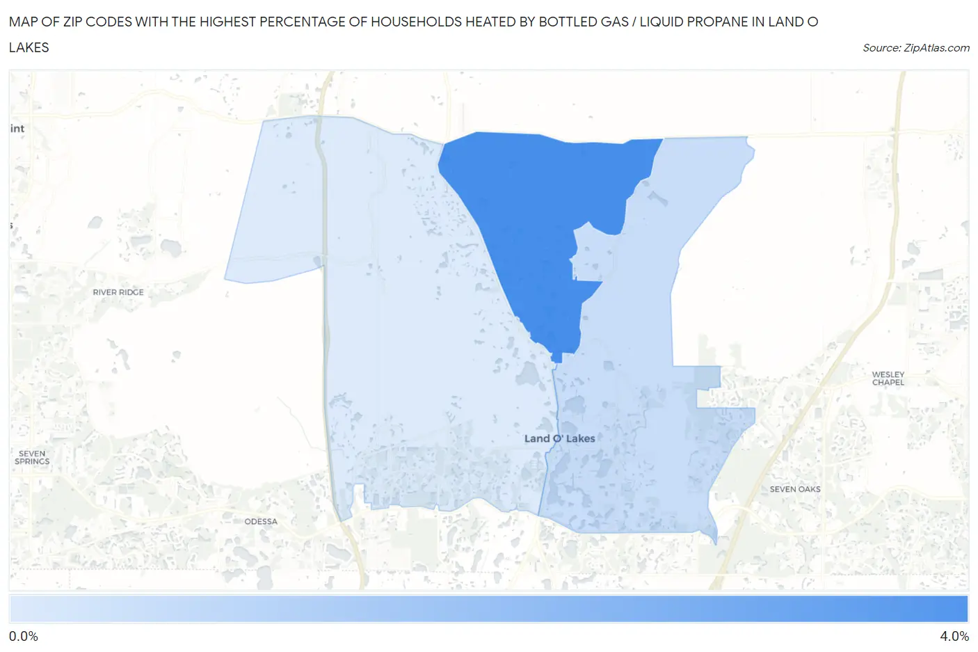 Zip Codes with the Highest Percentage of Households Heated by Bottled Gas / Liquid Propane in Land O Lakes Map