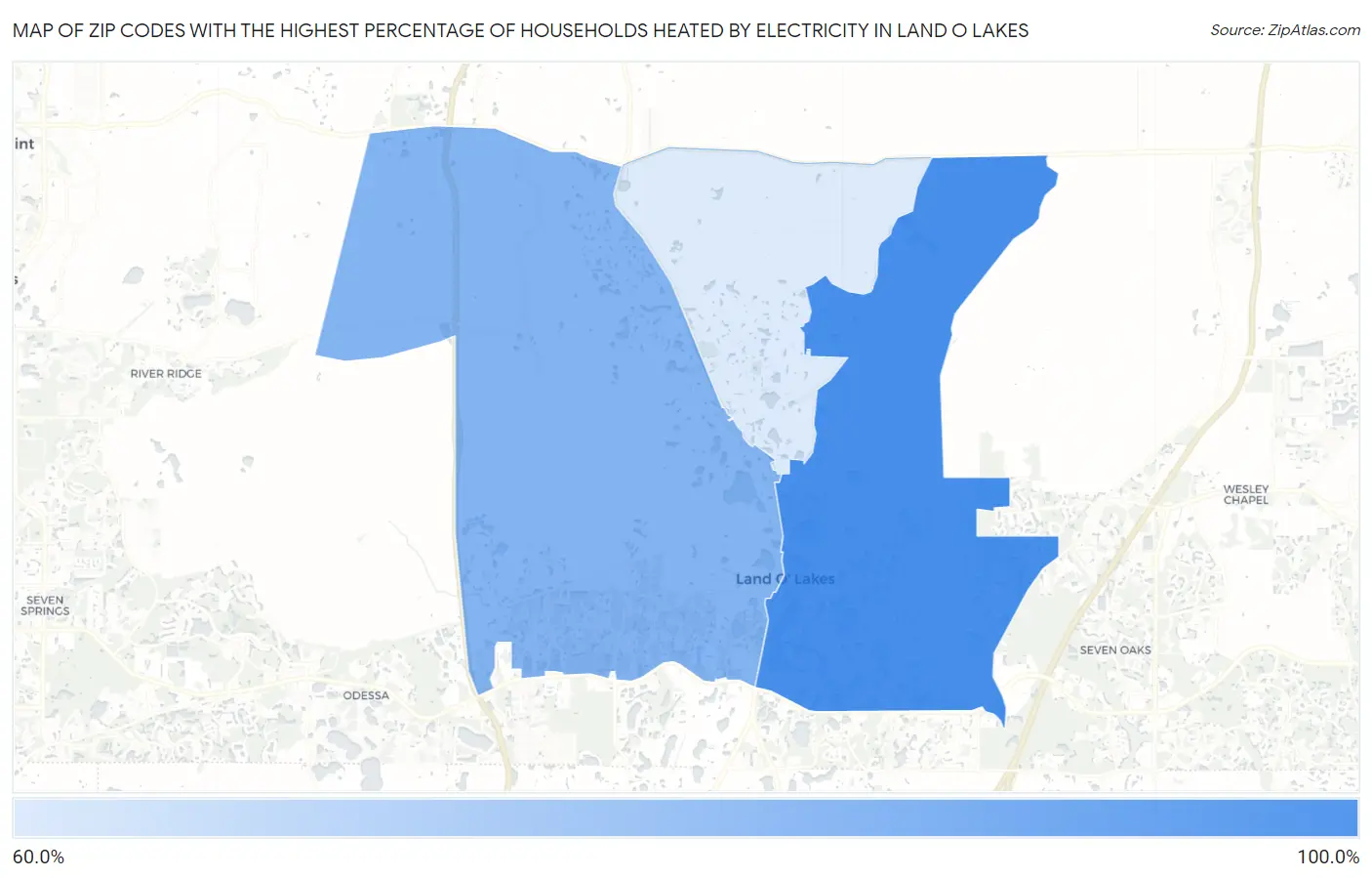 Zip Codes with the Highest Percentage of Households Heated by Electricity in Land O Lakes Map