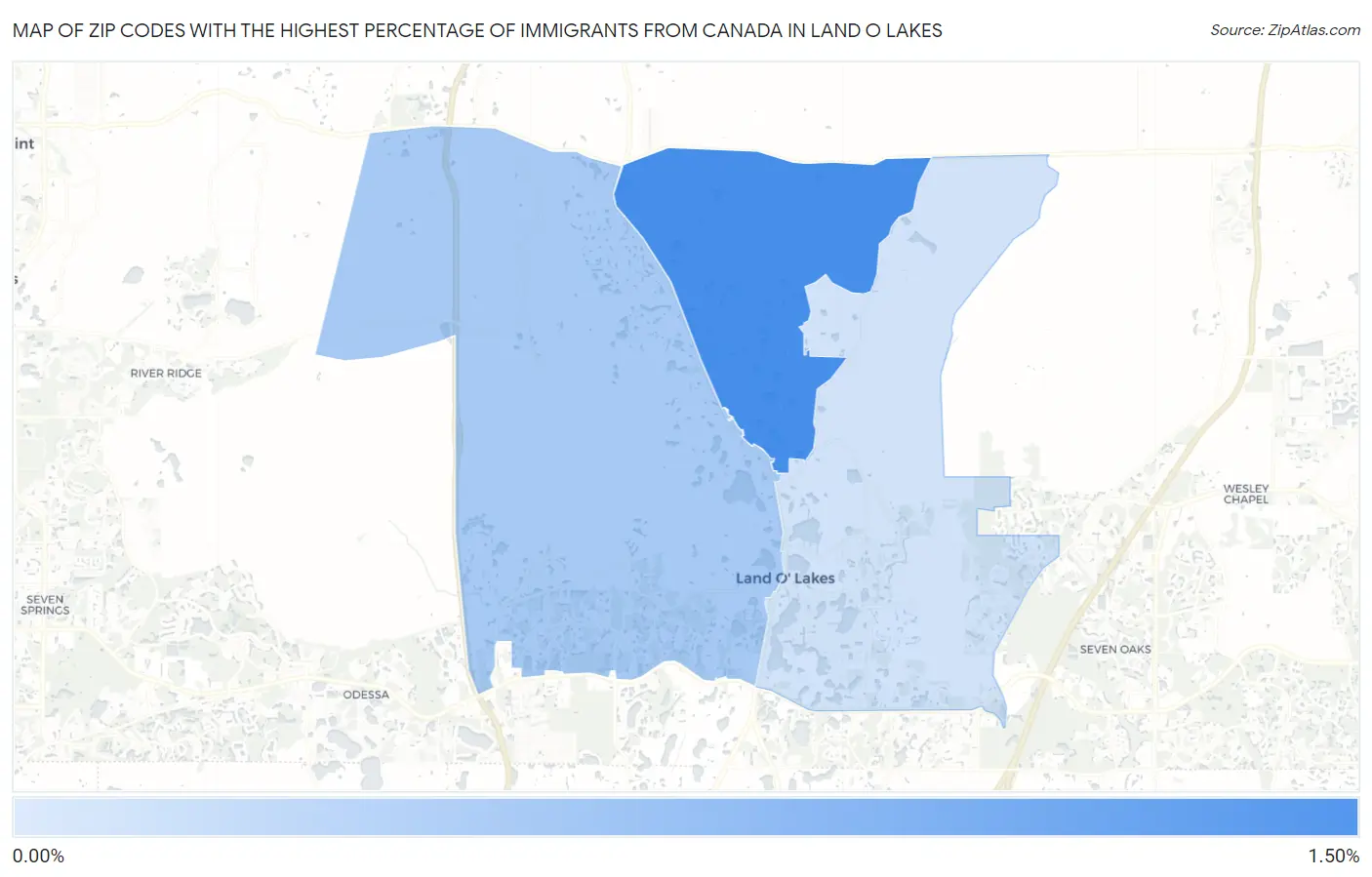 Zip Codes with the Highest Percentage of Immigrants from Canada in Land O Lakes Map