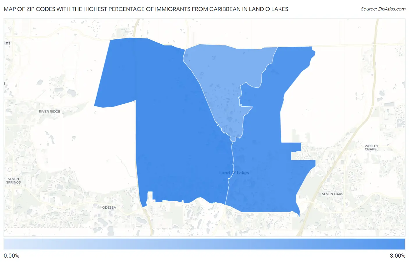 Zip Codes with the Highest Percentage of Immigrants from Caribbean in Land O Lakes Map