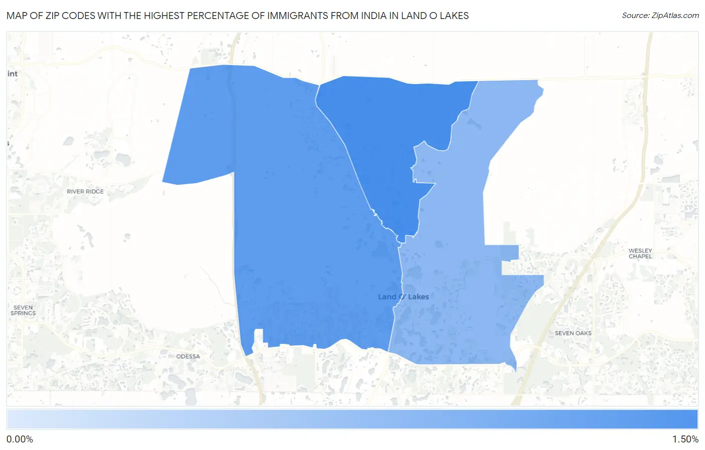 Zip Codes with the Highest Percentage of Immigrants from India in Land O Lakes Map