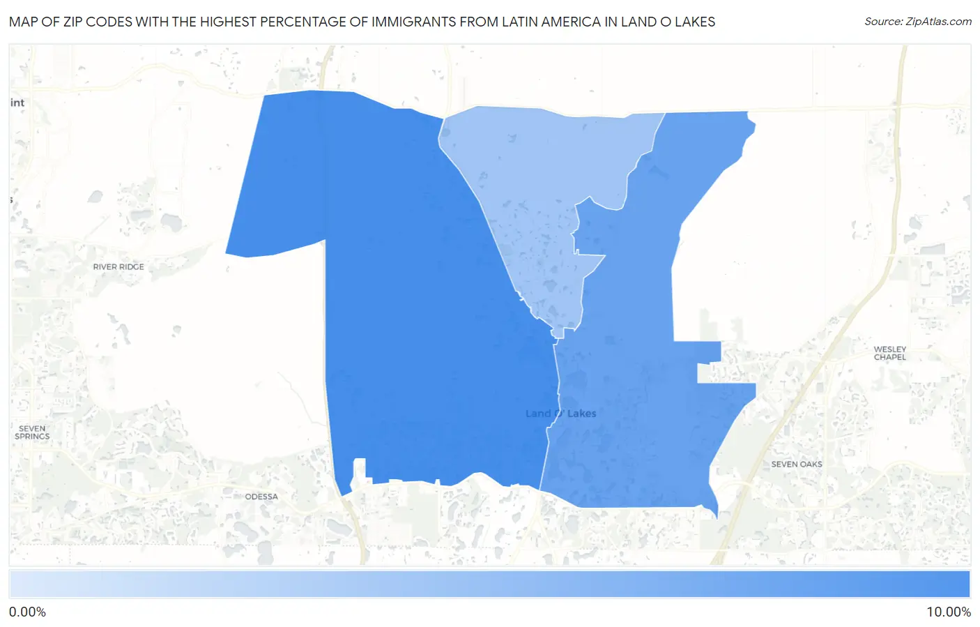 Zip Codes with the Highest Percentage of Immigrants from Latin America in Land O Lakes Map