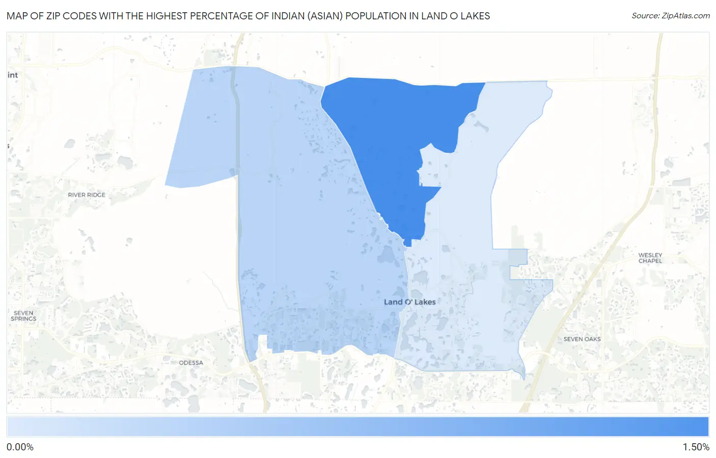 Zip Codes with the Highest Percentage of Indian (Asian) Population in Land O Lakes Map