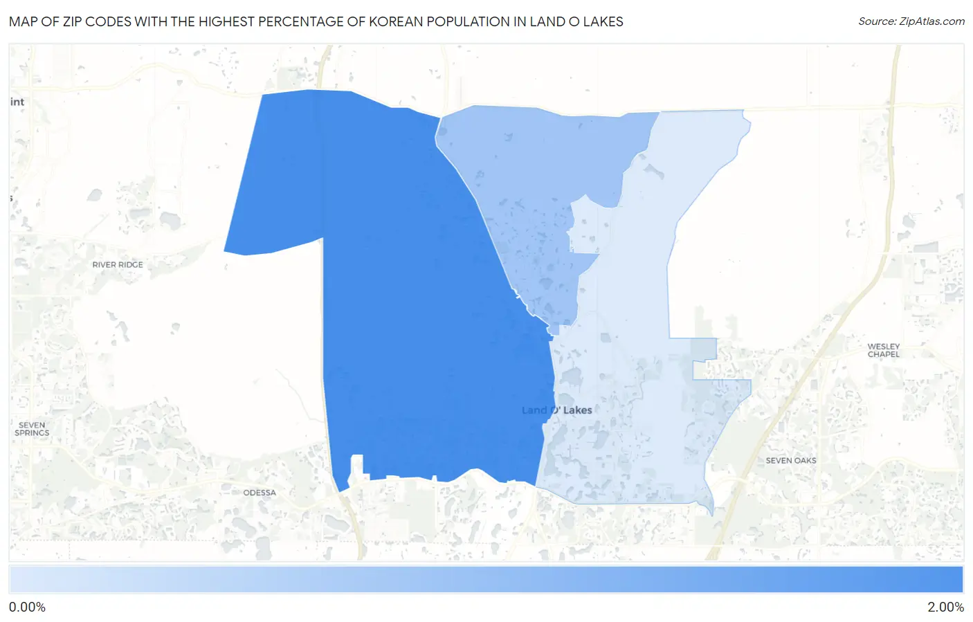 Zip Codes with the Highest Percentage of Korean Population in Land O Lakes Map