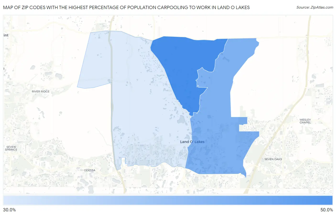 Zip Codes with the Highest Percentage of Population Carpooling to Work in Land O Lakes Map