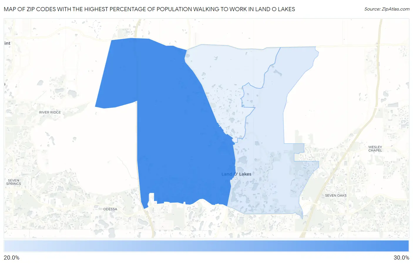 Zip Codes with the Highest Percentage of Population Walking to Work in Land O Lakes Map