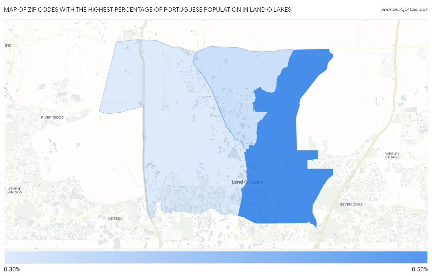 Zip Codes with the Highest Percentage of Portuguese Population in Land O Lakes Map