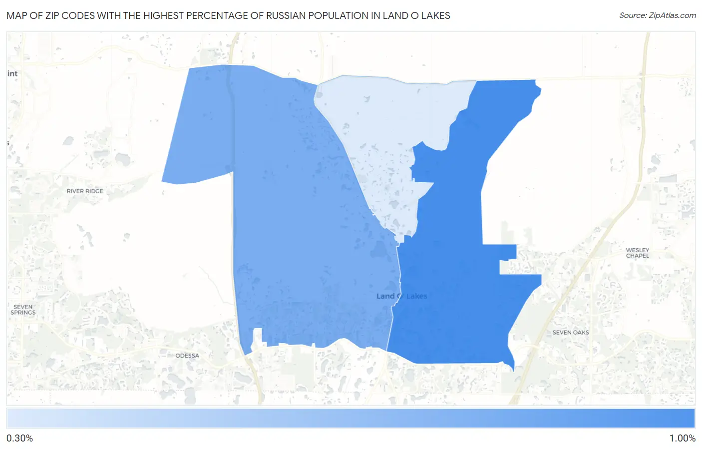 Zip Codes with the Highest Percentage of Russian Population in Land O Lakes Map