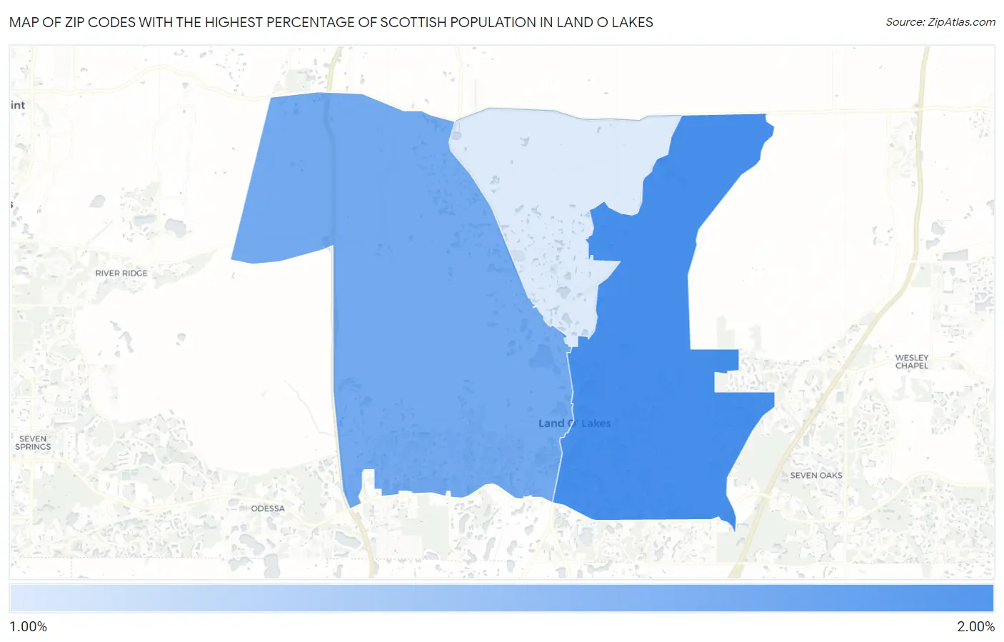 Zip Codes with the Highest Percentage of Scottish Population in Land O Lakes Map
