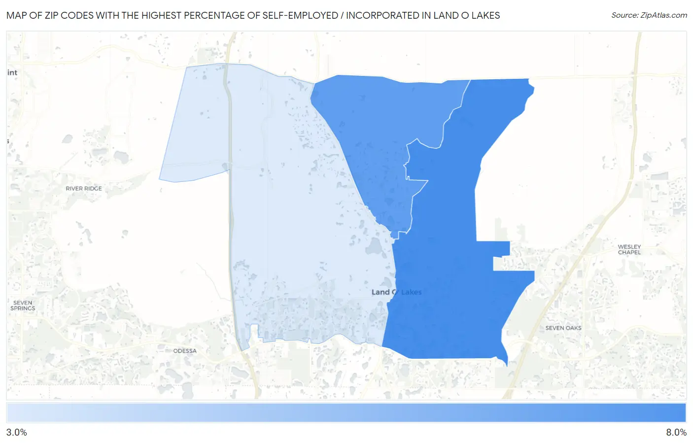 Zip Codes with the Highest Percentage of Self-Employed / Incorporated in Land O Lakes Map