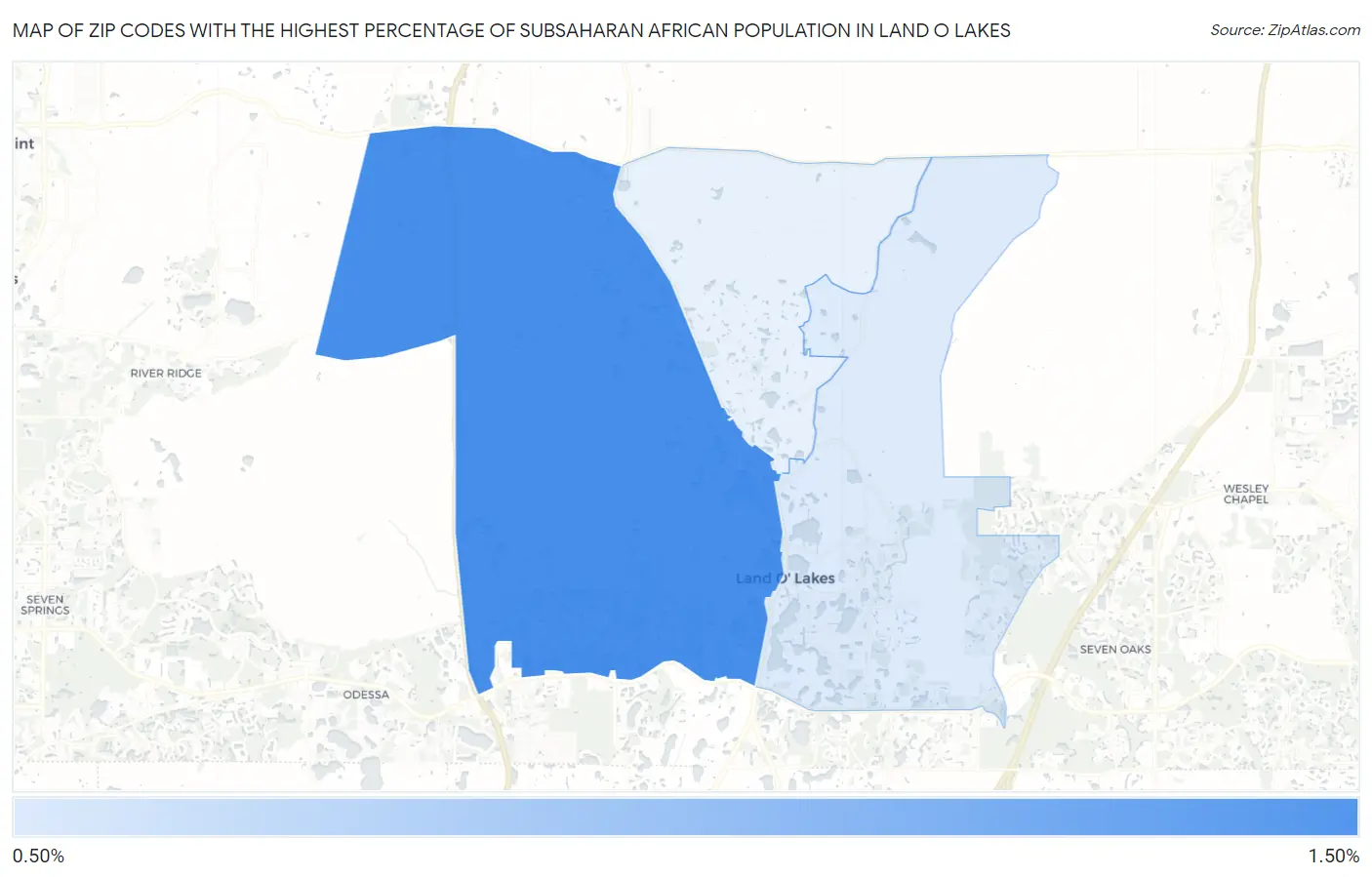 Zip Codes with the Highest Percentage of Subsaharan African Population in Land O Lakes Map