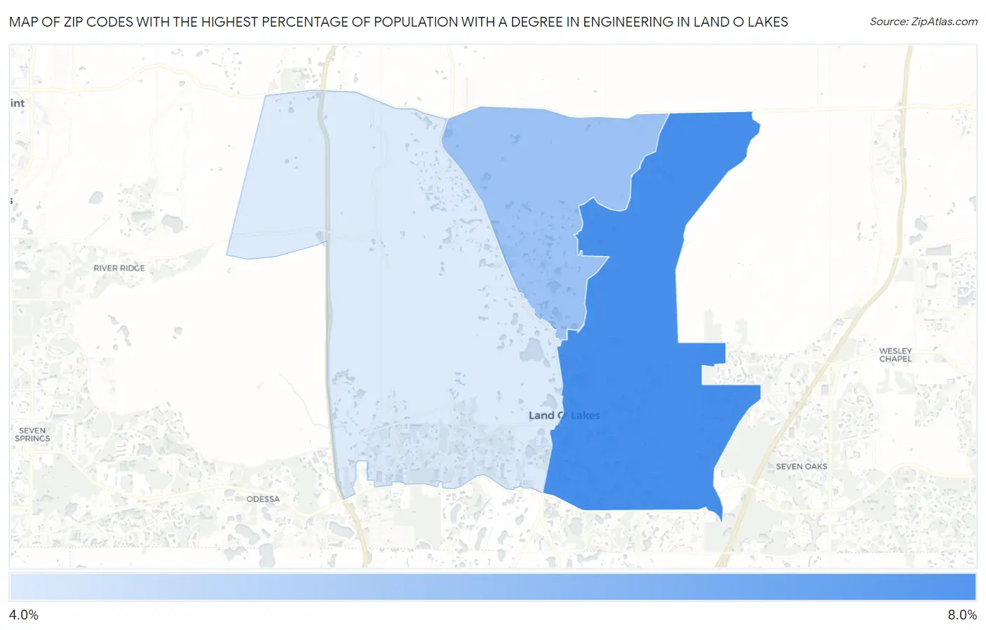 Zip Codes with the Highest Percentage of Population with a Degree in Engineering in Land O Lakes Map
