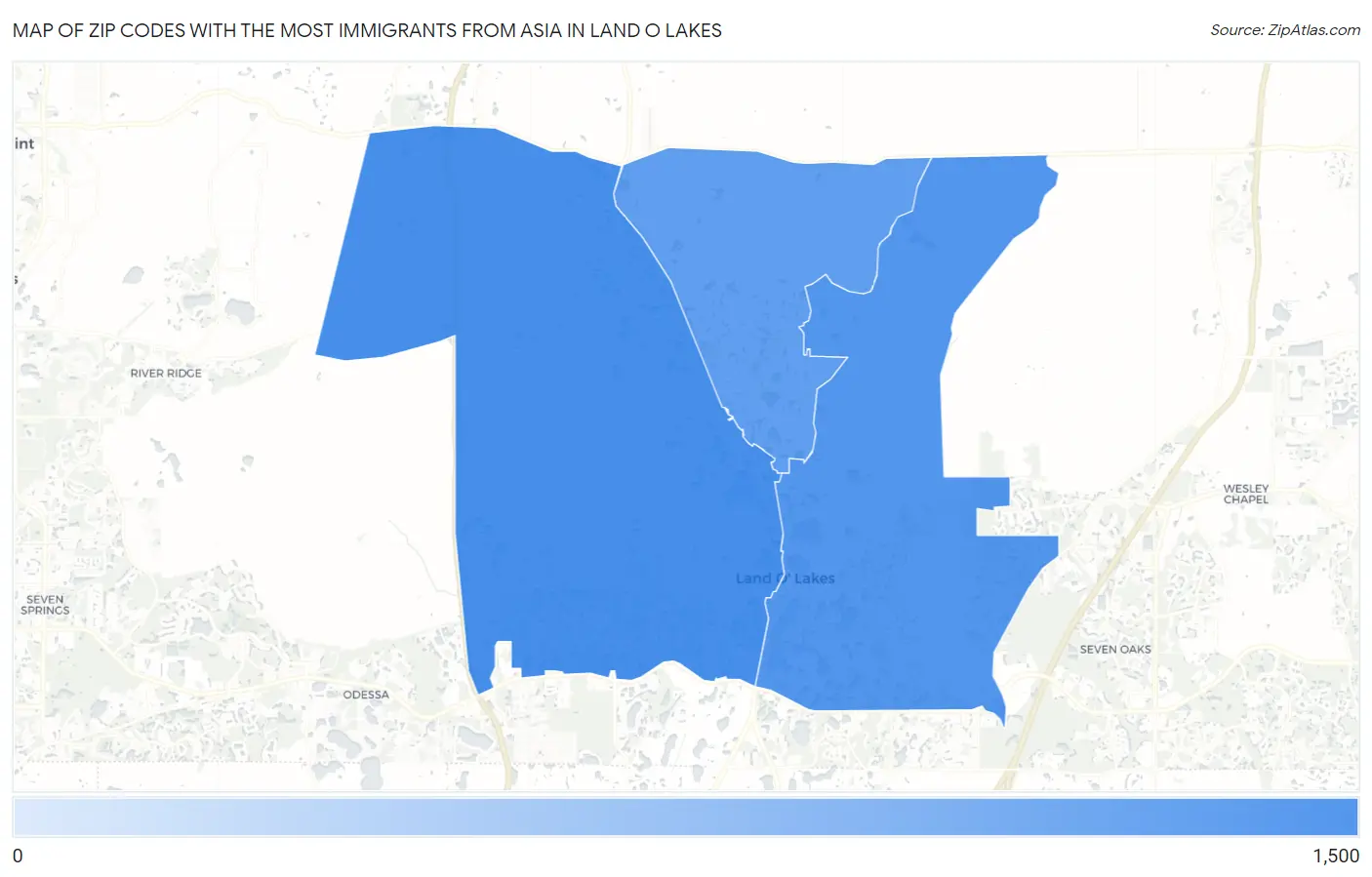 Zip Codes with the Most Immigrants from Asia in Land O Lakes Map