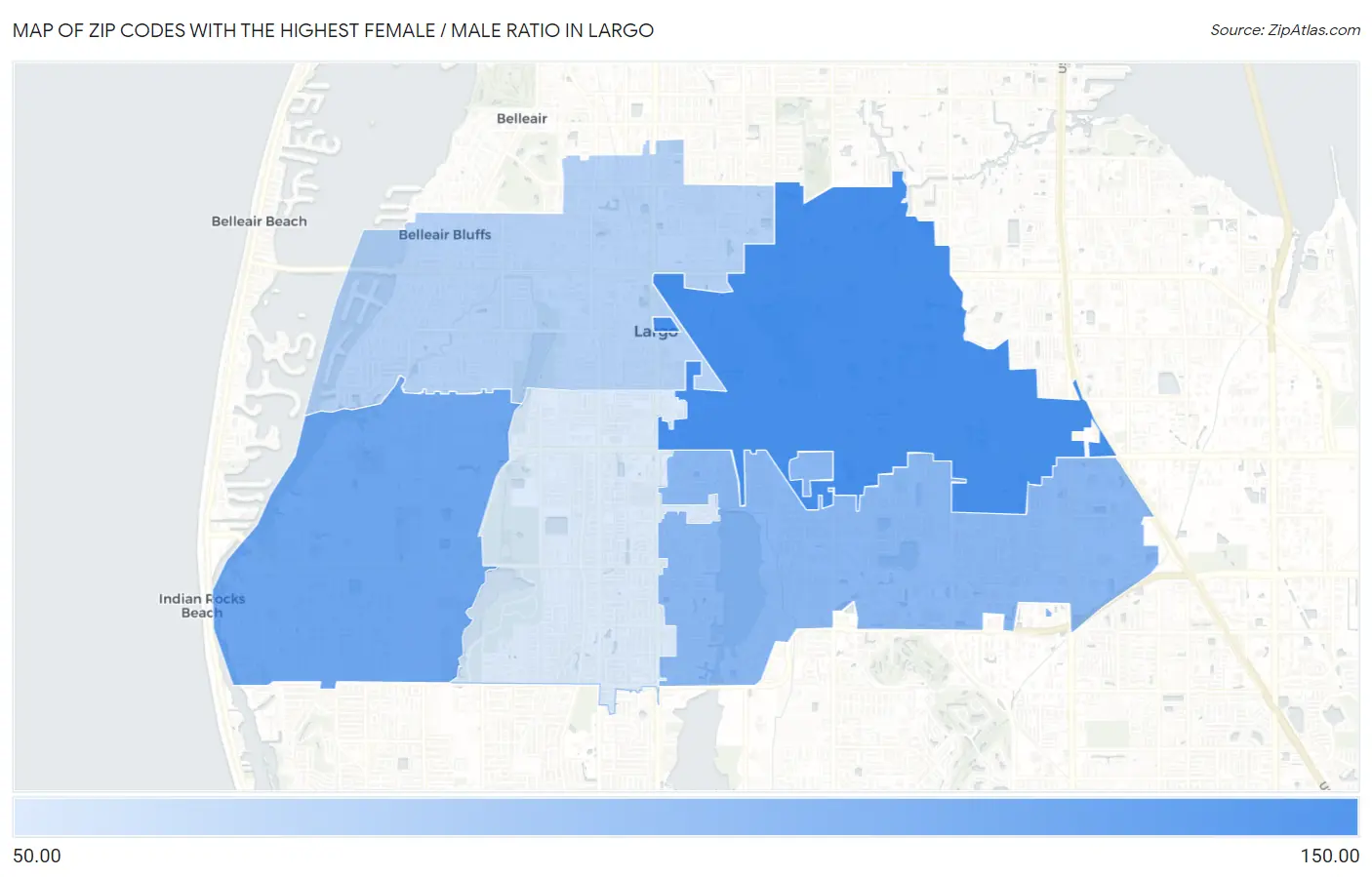 Zip Codes with the Highest Female / Male Ratio in Largo Map
