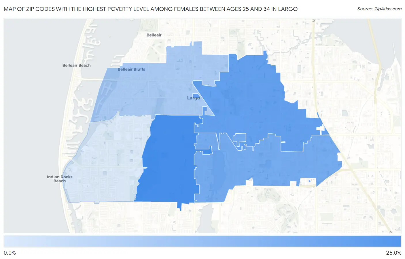 Zip Codes with the Highest Poverty Level Among Females Between Ages 25 and 34 in Largo Map