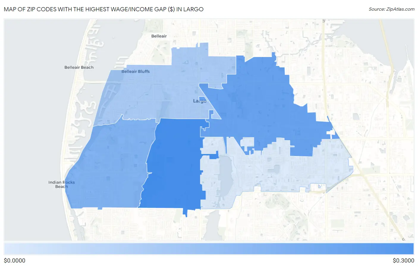 Zip Codes with the Highest Wage/Income Gap ($) in Largo Map