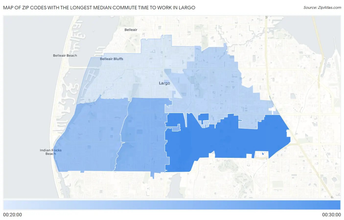 Zip Codes with the Longest Median Commute Time to Work in Largo Map