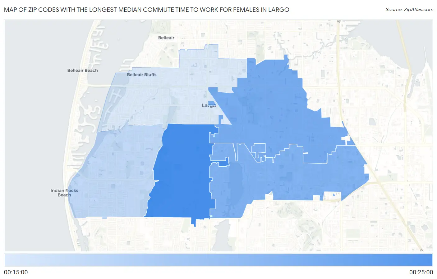 Zip Codes with the Longest Median Commute Time to Work for Females in Largo Map
