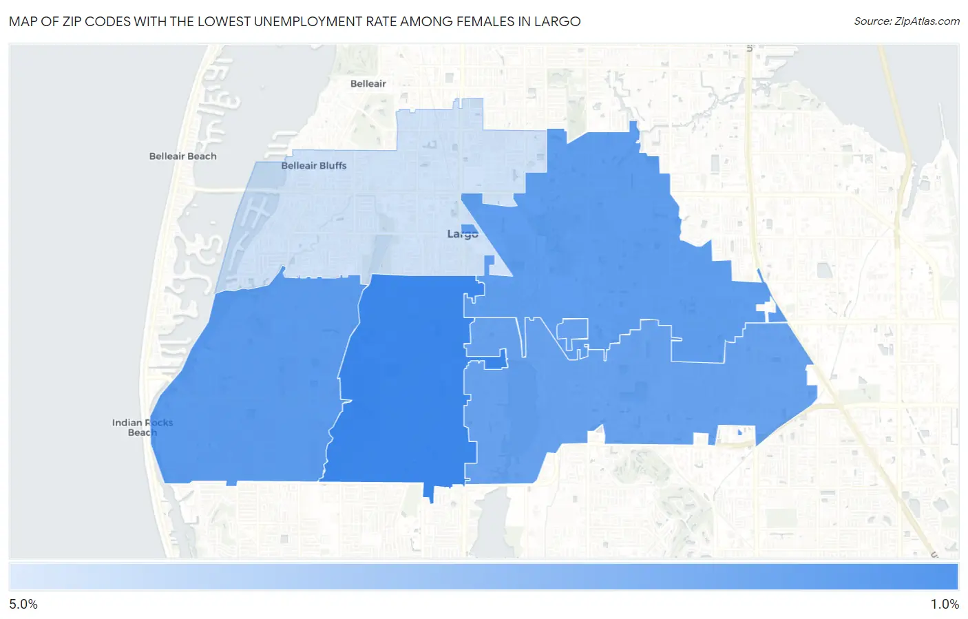 Zip Codes with the Lowest Unemployment Rate Among Females in Largo Map
