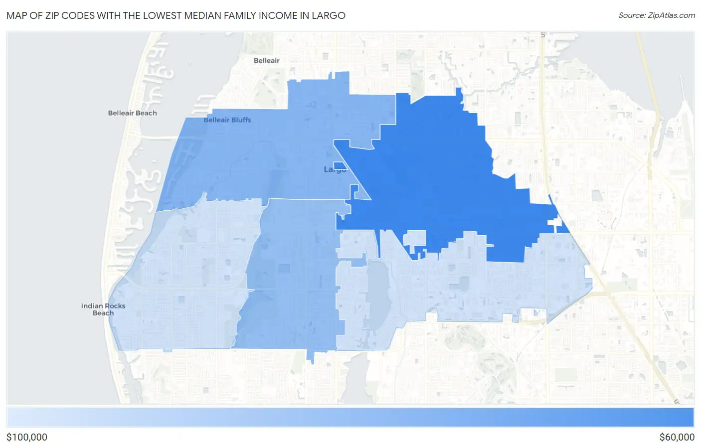 Zip Codes with the Lowest Median Family Income in Largo Map