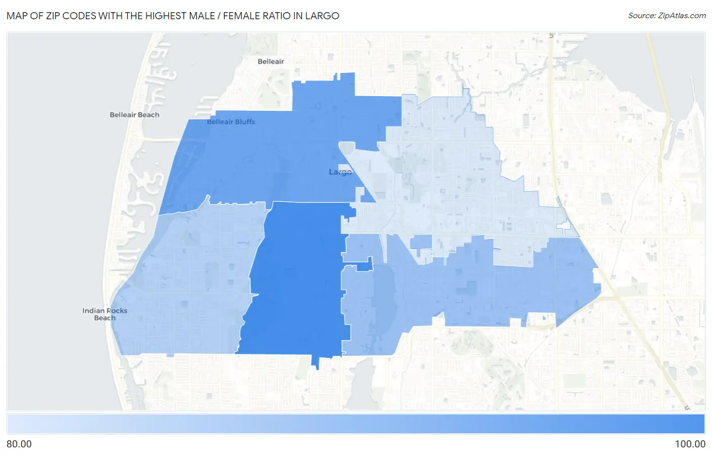Zip Codes with the Highest Male / Female Ratio in Largo Map