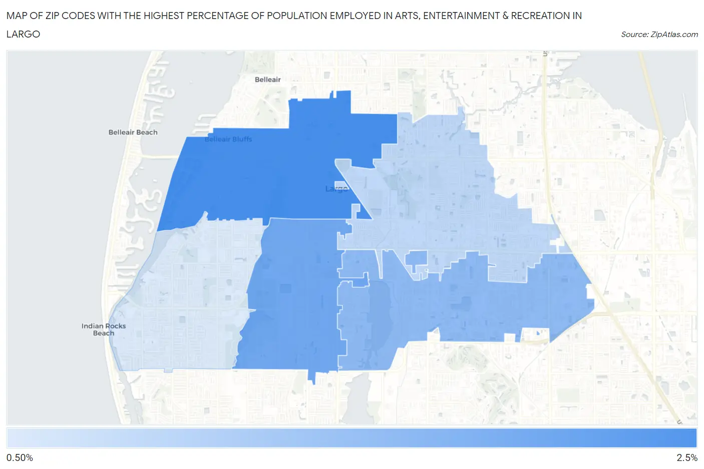 Zip Codes with the Highest Percentage of Population Employed in Arts, Entertainment & Recreation in Largo Map