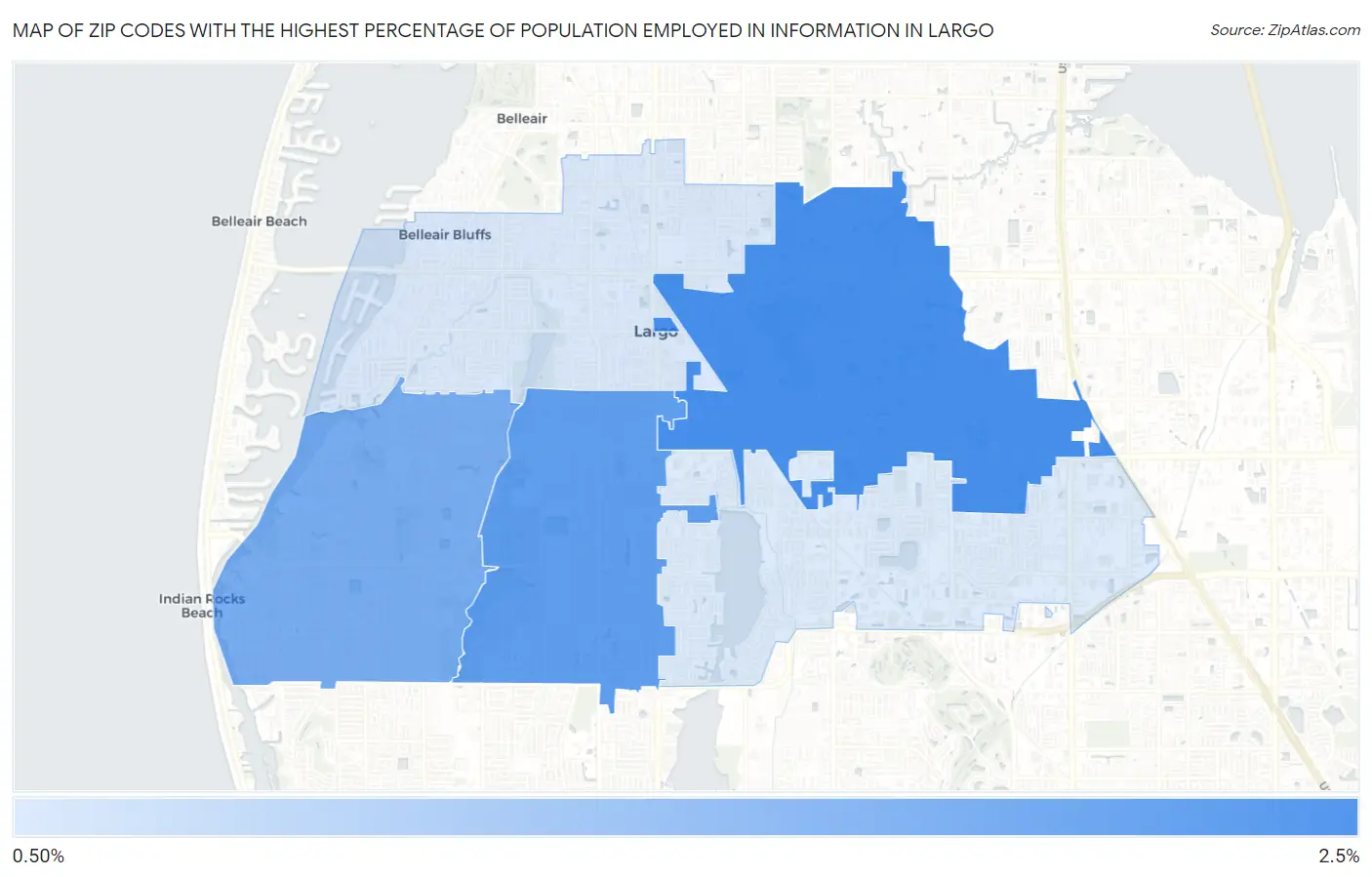 Zip Codes with the Highest Percentage of Population Employed in Information in Largo Map
