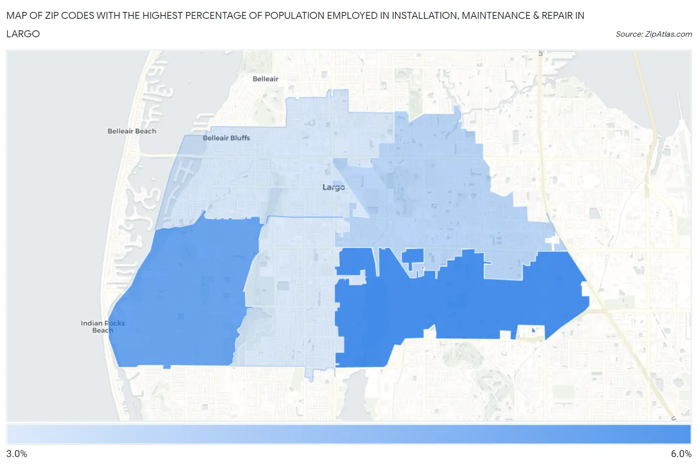 Zip Codes with the Highest Percentage of Population Employed in Installation, Maintenance & Repair in Largo Map