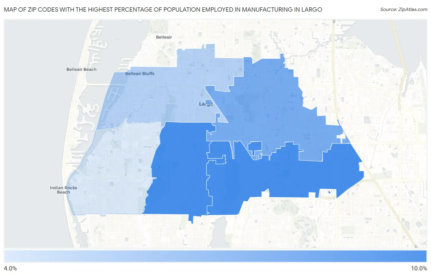 Zip Codes with the Highest Percentage of Population Employed in Manufacturing in Largo Map