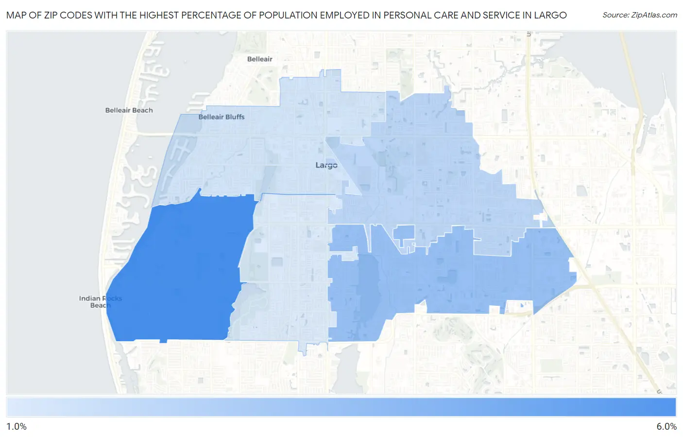Zip Codes with the Highest Percentage of Population Employed in Personal Care and Service in Largo Map