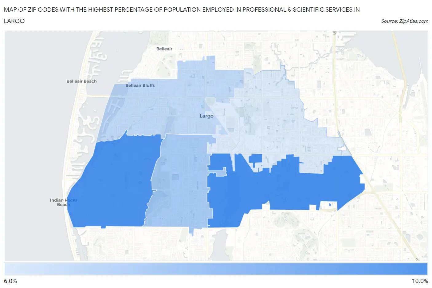 Zip Codes with the Highest Percentage of Population Employed in Professional & Scientific Services in Largo Map