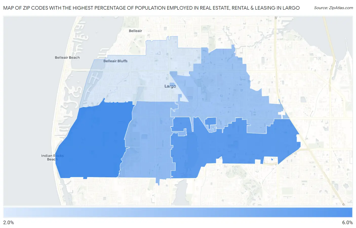 Zip Codes with the Highest Percentage of Population Employed in Real Estate, Rental & Leasing in Largo Map