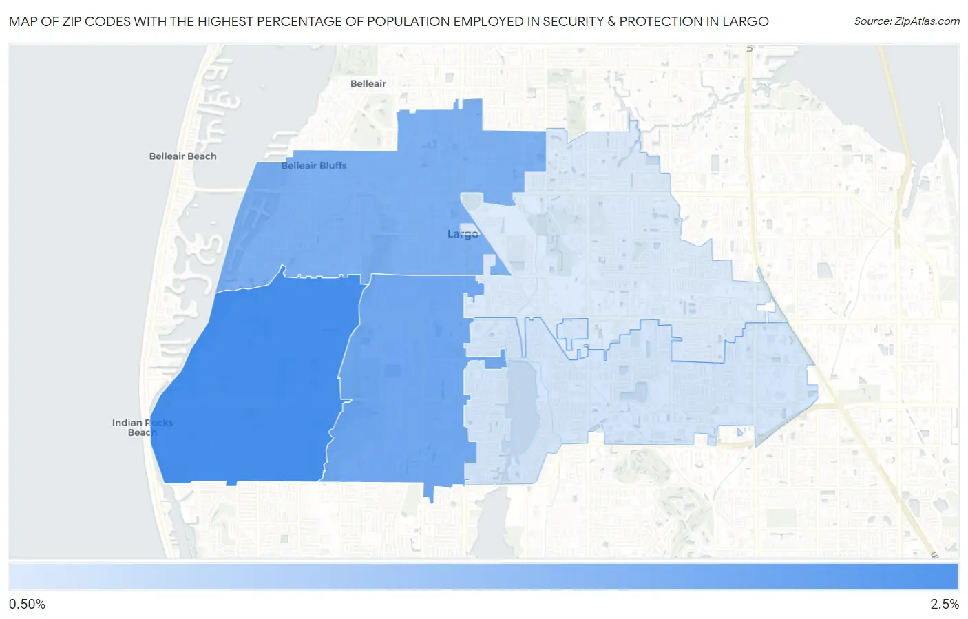 Zip Codes with the Highest Percentage of Population Employed in Security & Protection in Largo Map