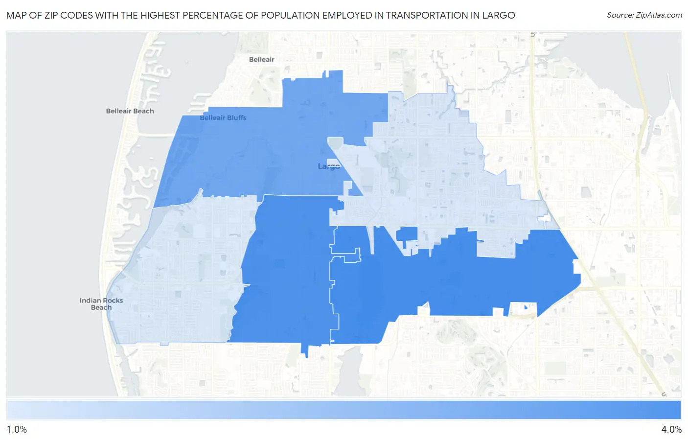 Zip Codes with the Highest Percentage of Population Employed in Transportation in Largo Map