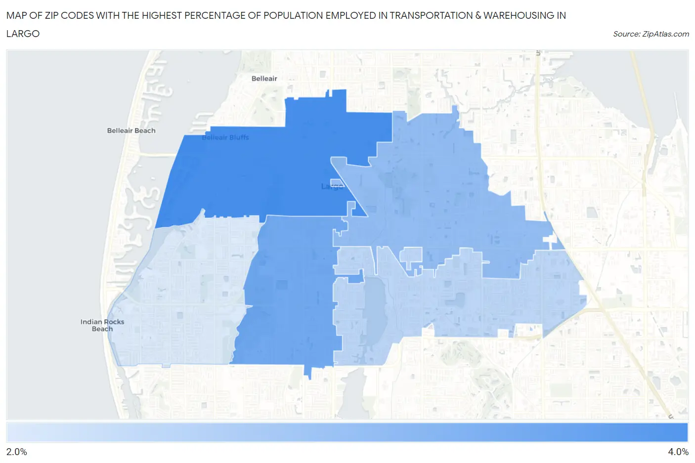 Zip Codes with the Highest Percentage of Population Employed in Transportation & Warehousing in Largo Map