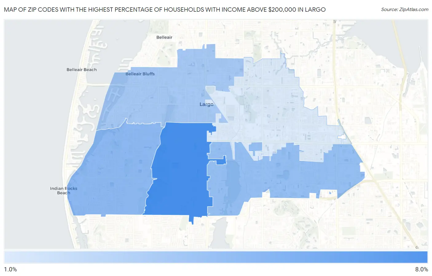 Zip Codes with the Highest Percentage of Households with Income Above $200,000 in Largo Map