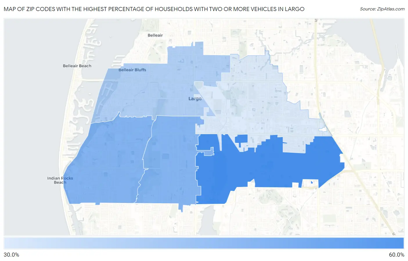 Zip Codes with the Highest Percentage of Households With Two or more Vehicles in Largo Map