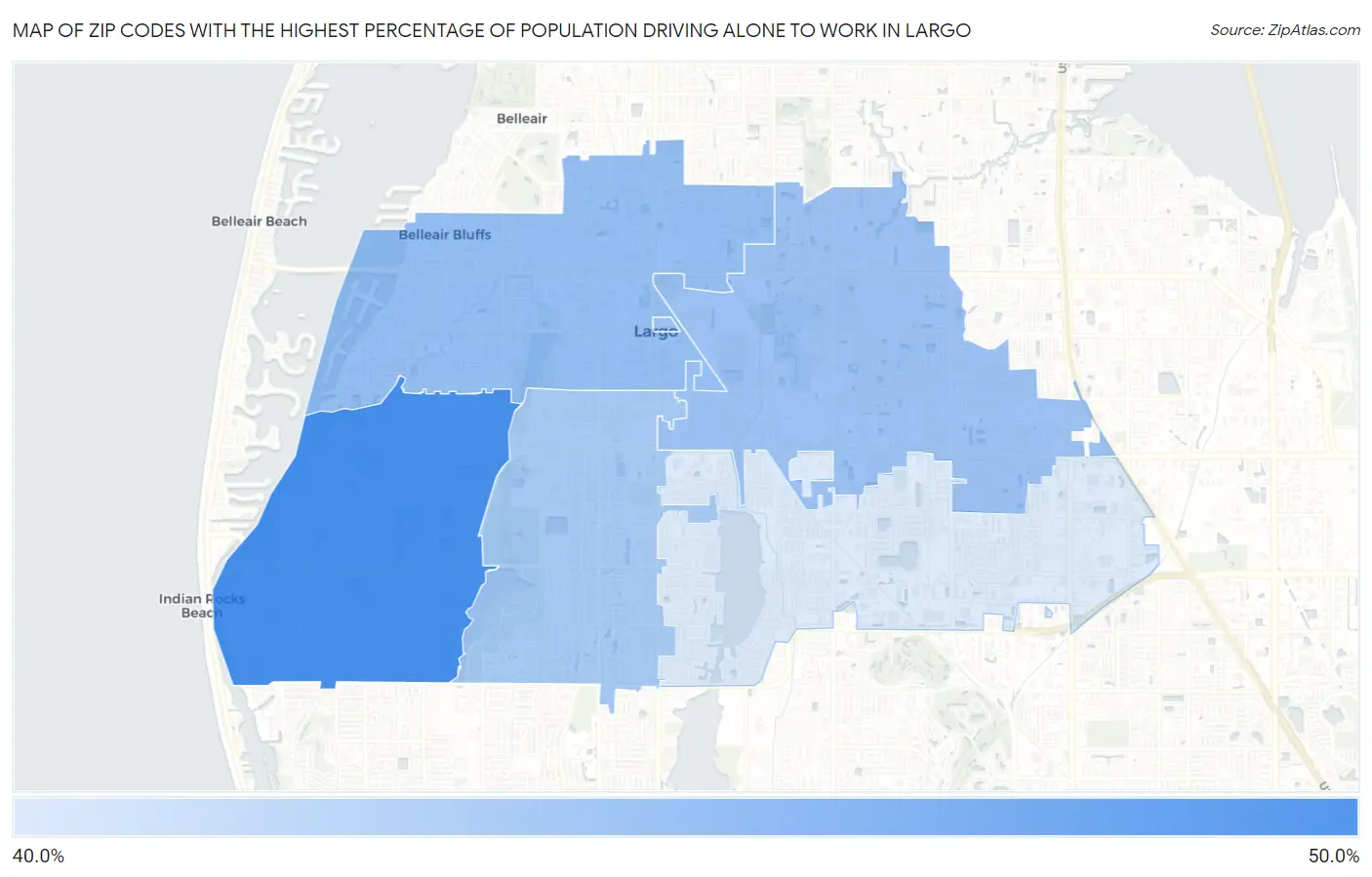 Zip Codes with the Highest Percentage of Population Driving Alone to Work in Largo Map